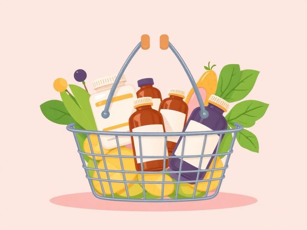 Illustrated shopping basket filled with supplement bottles and greens