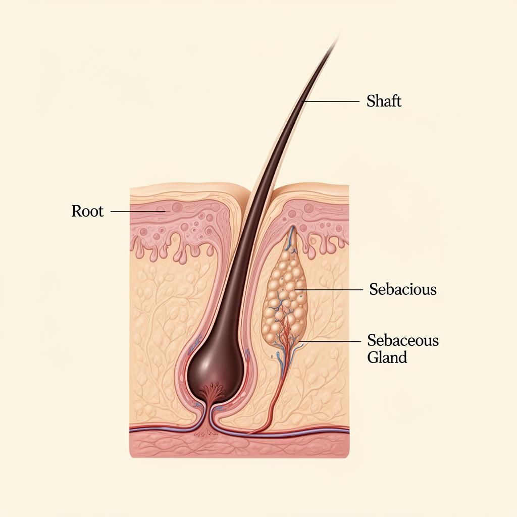 Anatomical diagram of a hair follicle showing root, shaft, and sebaceous gland